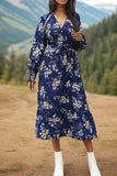 Printed Notched Lantern Sleeve Midi Dress - Trendsi - Flyclothing LLC