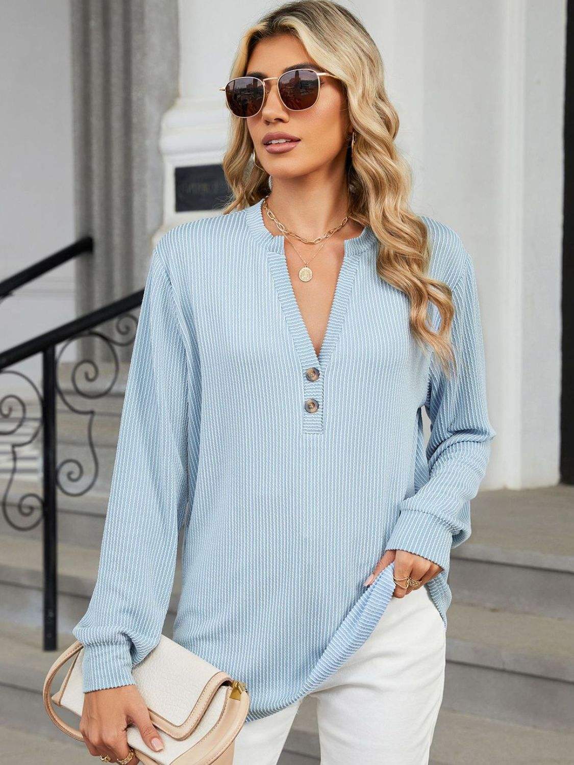 Striped Notched Long Sleeve T-Shirt - Trendsi - Flyclothing LLC