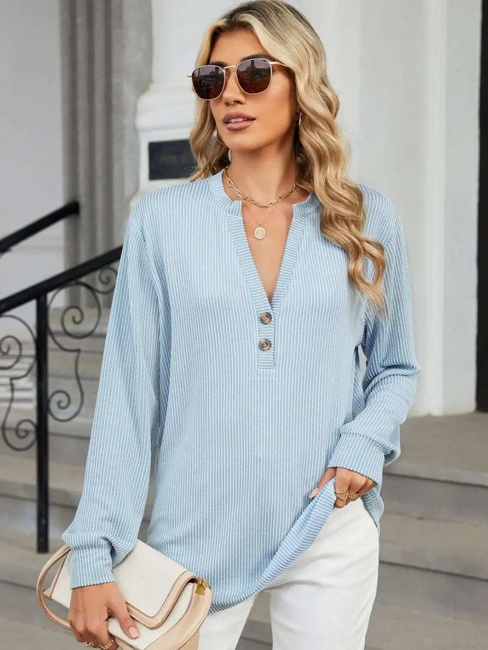 Striped Notched Long Sleeve T-Shirt - Trendsi - Flyclothing LLC