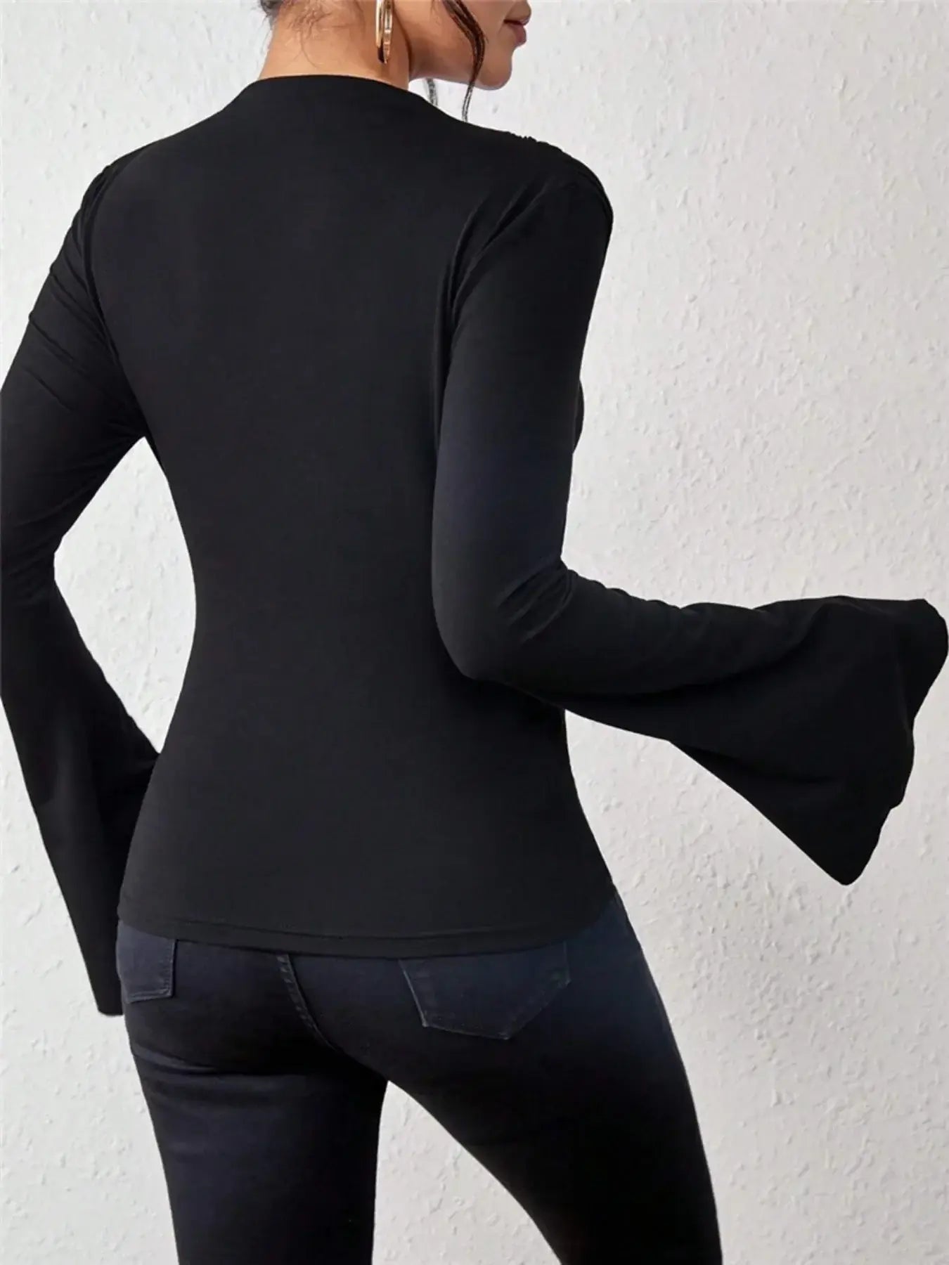 Bell Sleeve Ruched Fitted T-Shirt with Mock Neck - Trendsi - Flyclothing LLC