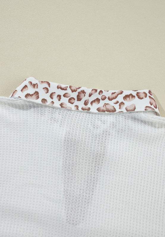 Waffle-Knit Leopard Johnny Collar Long Sleeve Top - Trendsi - Flyclothing LLC