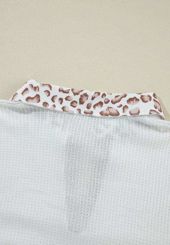 Waffle-Knit Leopard Johnny Collar Long Sleeve Top - Trendsi - Flyclothing LLC