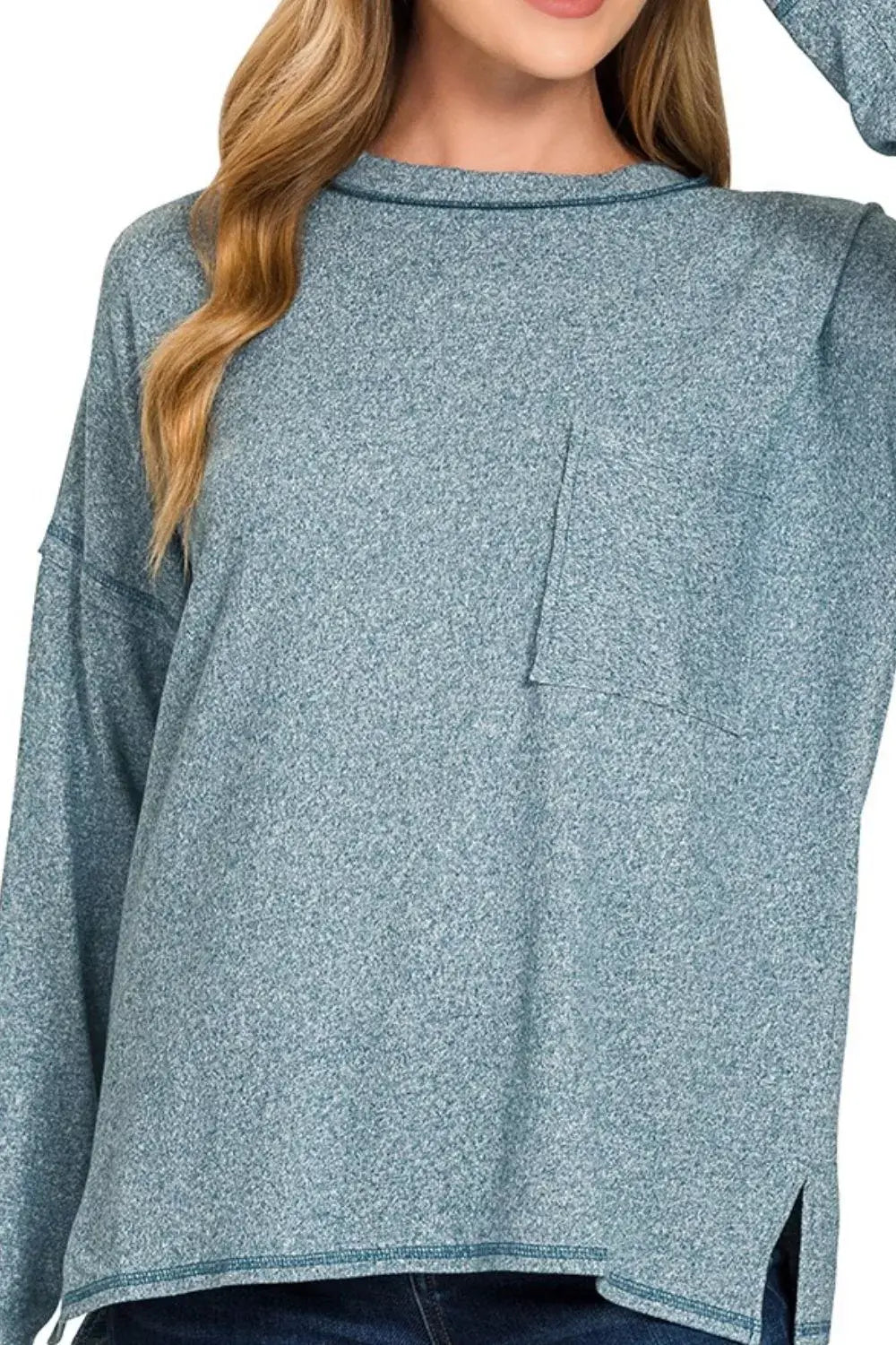 Zenana Soft Melange Hacci Round-Neck Long Sleeve T-Shirt - Trendsi - Flyclothing LLC