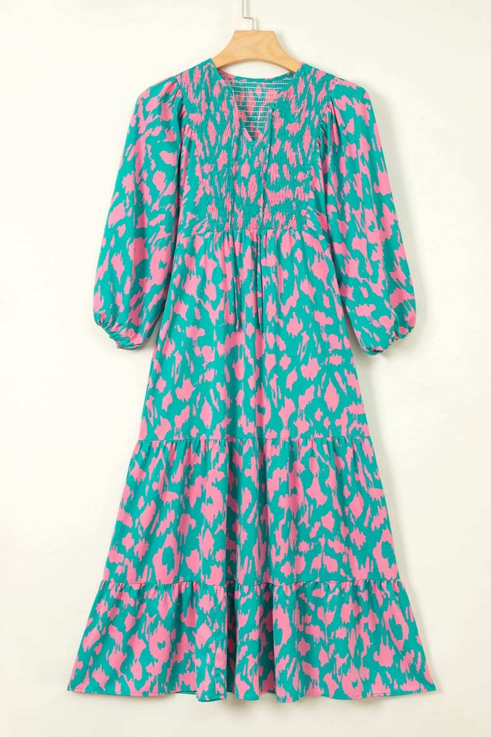 Smocked Printed Tie Neck Long Sleeve Dress - Trendsi - Flyclothing LLC