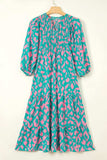 Smocked Printed Tie Neck Long Sleeve Dress - Trendsi - Flyclothing LLC