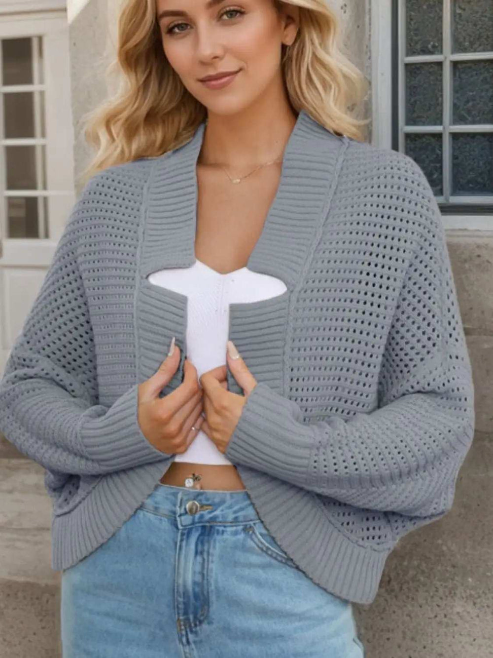 Openwork Open Front Long Sleeve Cardigan - Trendsi - Flyclothing LLC