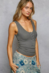 POL Lace Trim Tank with Front Button Closure - Trendsi - Flyclothing LLC