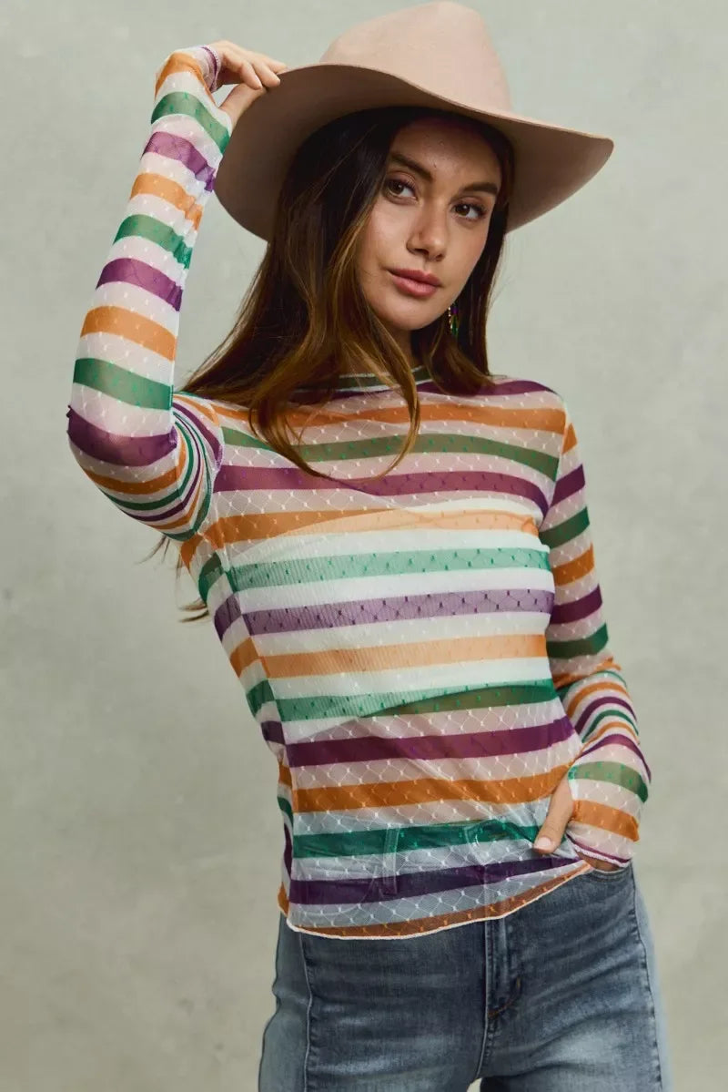 SO ME Mardi Gras Color Stripe Stretch Mesh Top - Trendsi - Flyclothing LLC