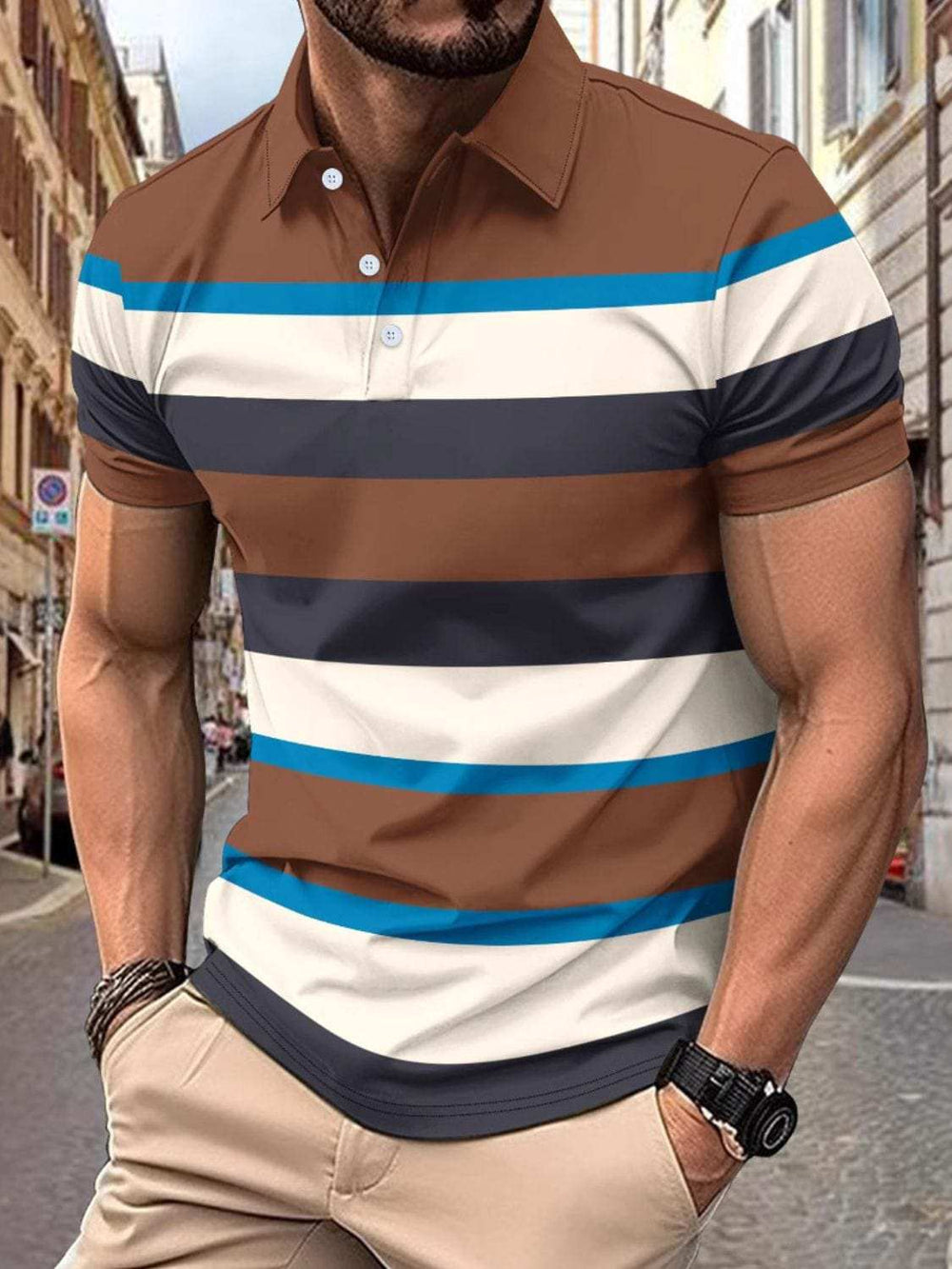 Men's Full Size Collared Short Sleeve Striped Polo Plus Size - Trendsi - Flyclothing LLC