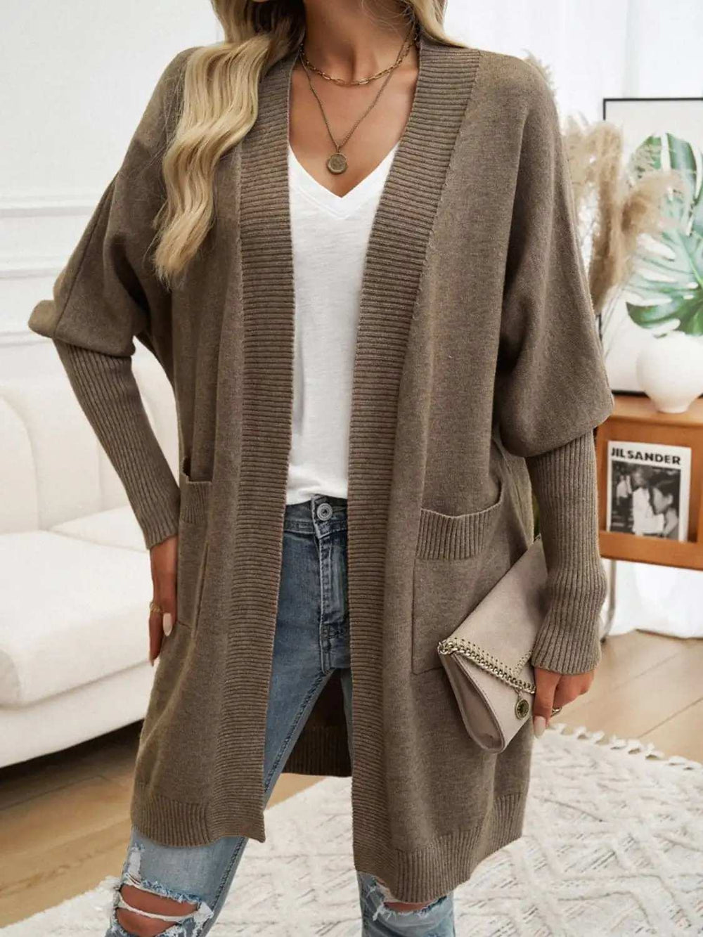 Devine Open Front Long Sleeve Cardigan - Trendsi - Flyclothing LLC