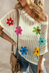Flower Round Neck Half Sleeve Knit Cover Up - Trendsi - Flyclothing LLC