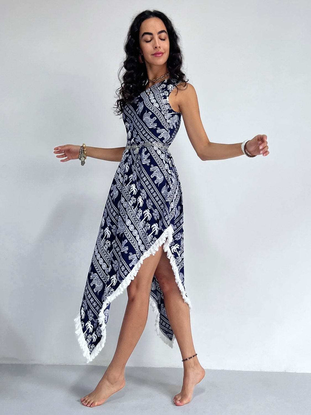 Fringe Printed Single Shoulder Dress - Trendsi - Flyclothing LLC
