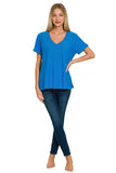 Zenana Slub Rolled Short Sleeve V-Neck Tee - Trendsi - Flyclothing LLC