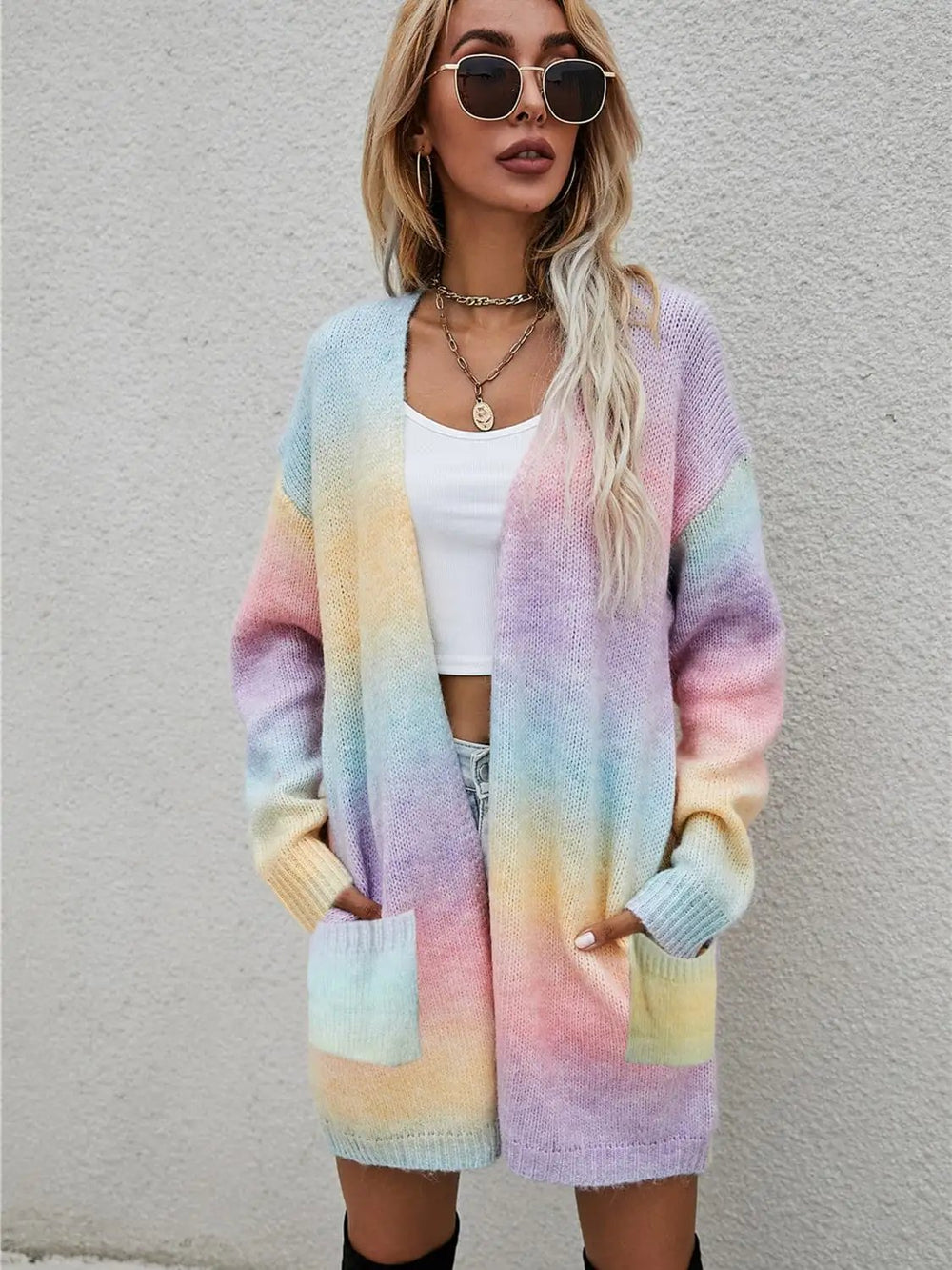 Angel Wings Full Size Pocketed Open Front Gradient Cardigan - Trendsi
