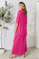 Double Take Full Size Round Neck Slit Top and Pants Set - Trendsi - Flyclothing LLC