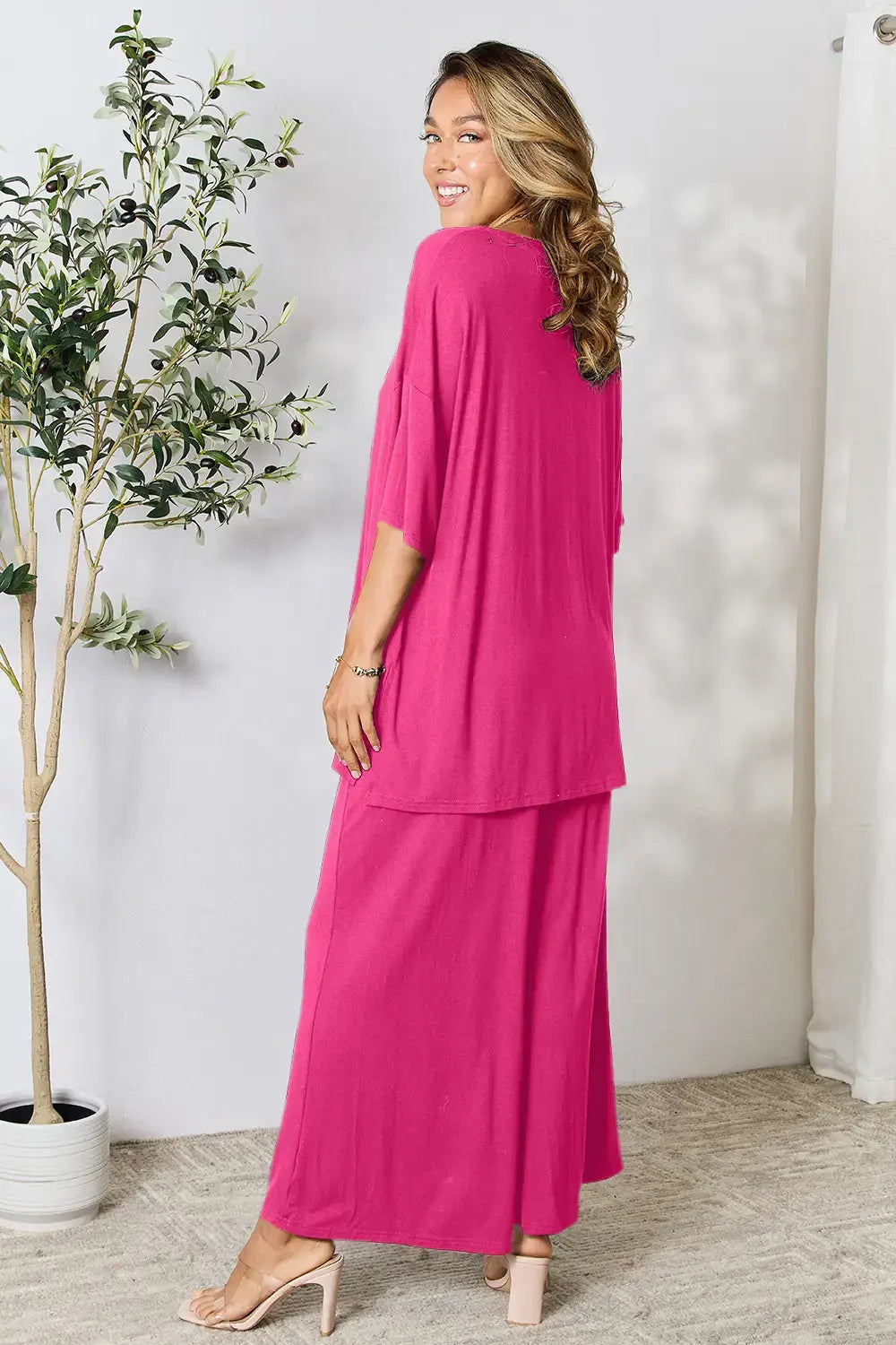 Double Take Full Size Round Neck Slit Top and Pants Set - Trendsi - Flyclothing LLC
