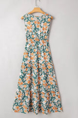 Floral Print Trimmed V Neck Tie Waist Sleeveless Dress - Trendsi - Flyclothing LLC