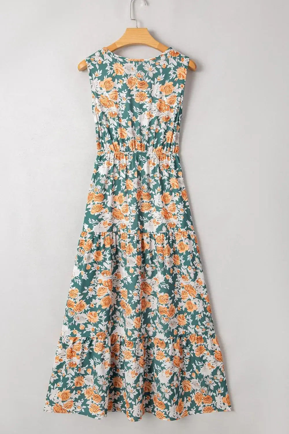 Floral Print Trimmed V Neck Tie Waist Sleeveless Dress - Trendsi - Flyclothing LLC