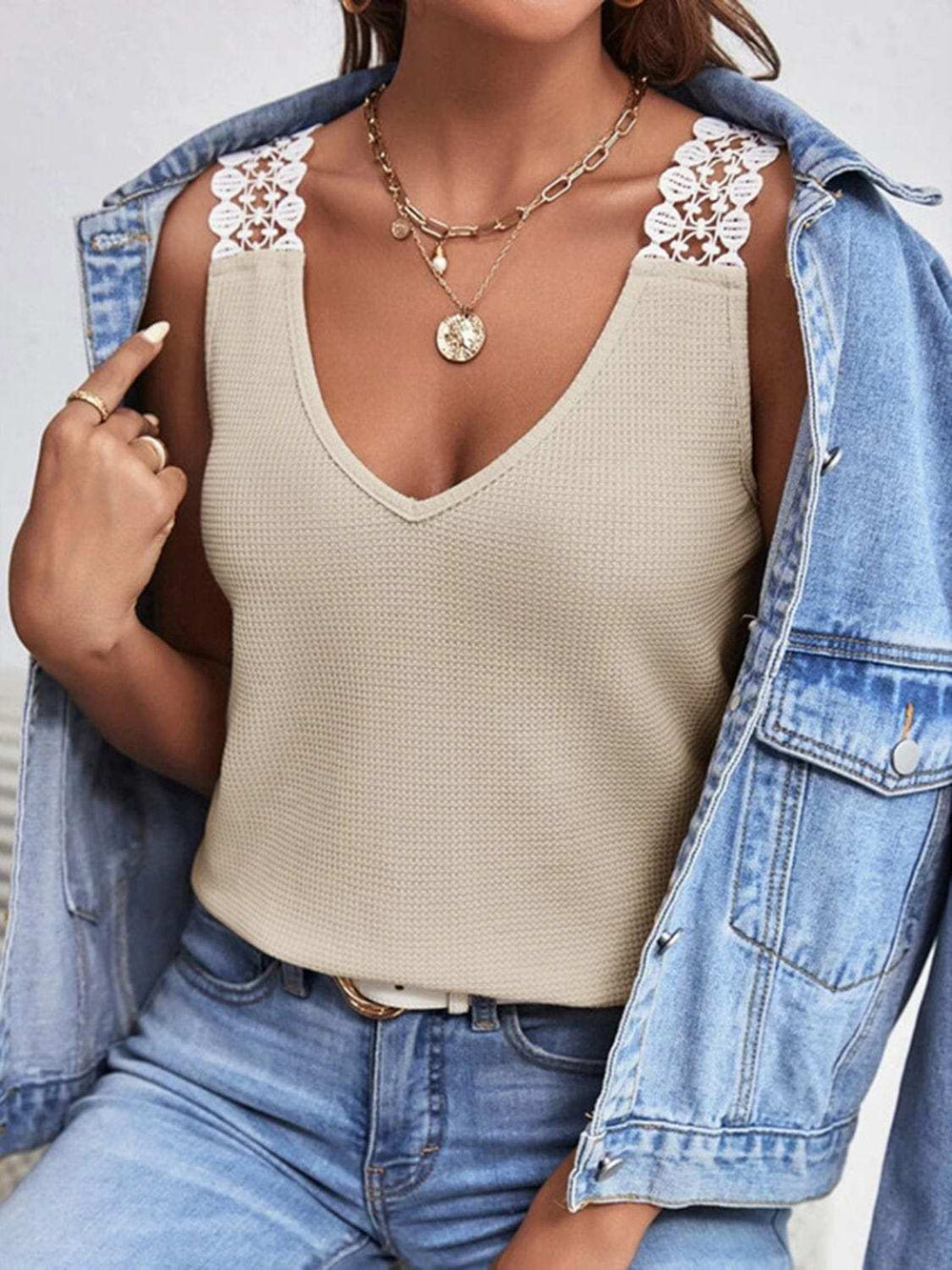Lace Detail Waffle-Knit V-Neck Tank - Trendsi - Flyclothing LLC