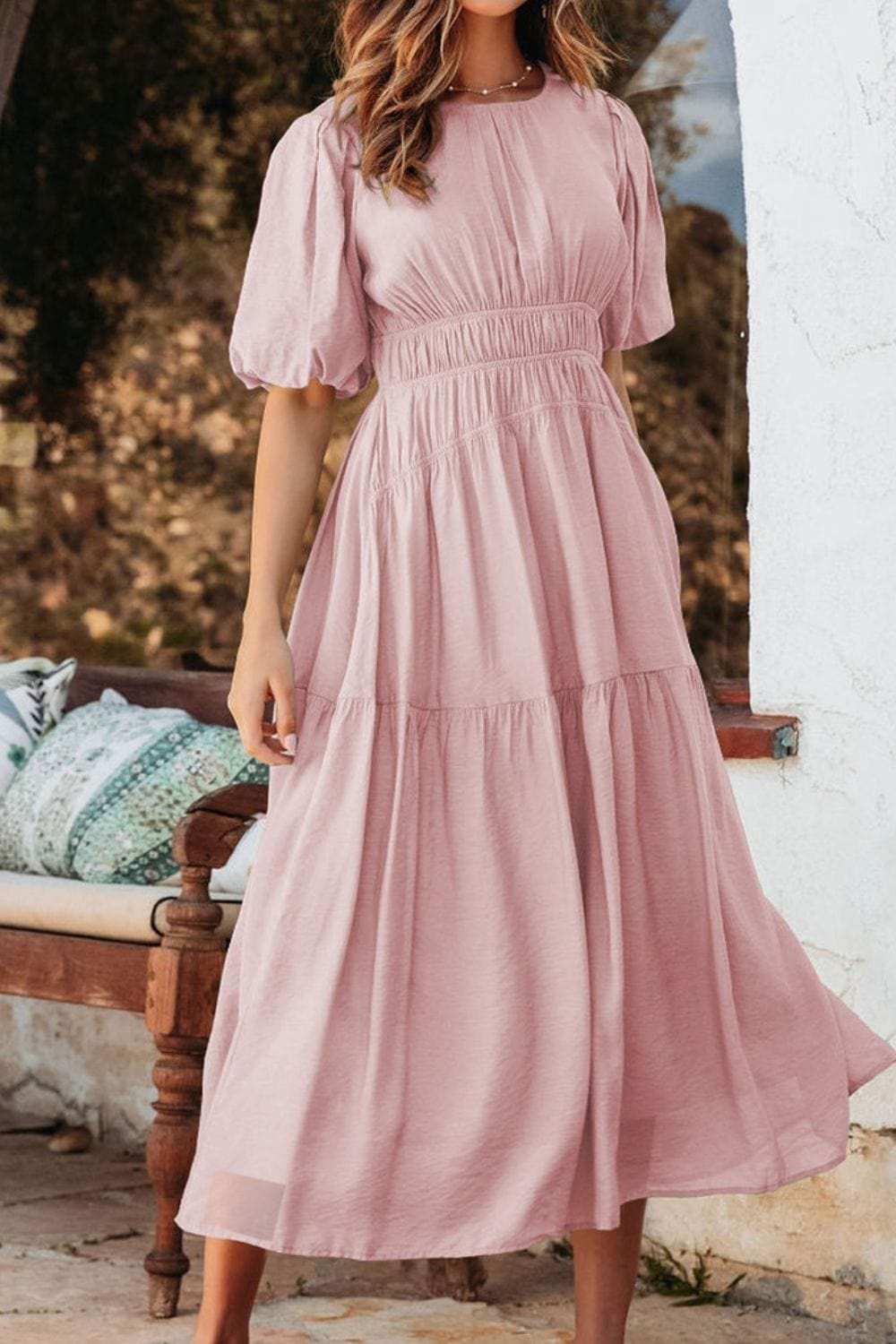 Puff Sleeve Pleated High Waist Flowy Midi Dress - Trendsi - Flyclothing LLC
