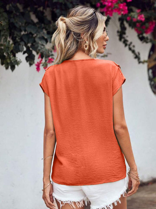 Ruffled V-Neck Short Sleeve Blouse - Trendsi