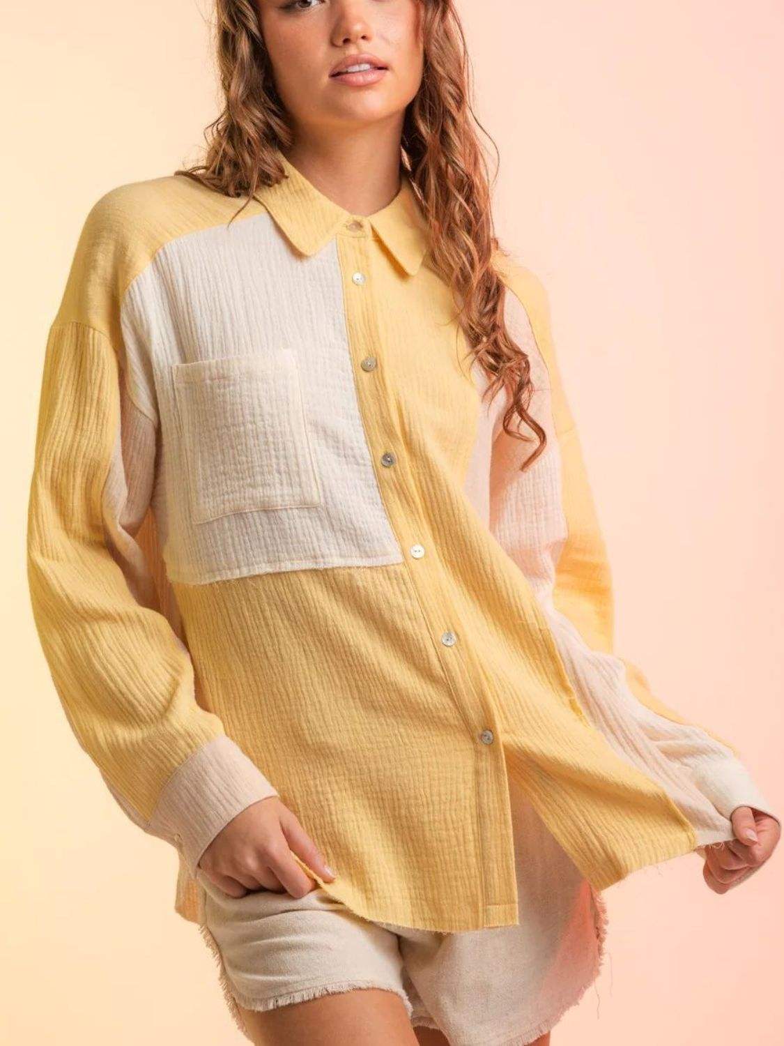 Contrast Button Up Long Sleeve Shirt - Trendsi - Flyclothing LLC