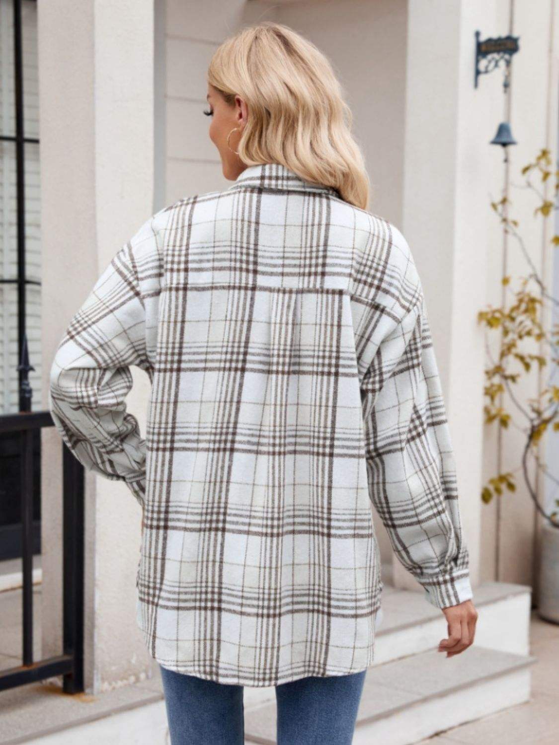 Pocketed Plaid Collared Neck Long Sleeve Shirt - Trendsi - Flyclothing LLC