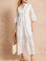 Eyelet Notched Tiered Midi Dress - Trendsi - Flyclothing LLC