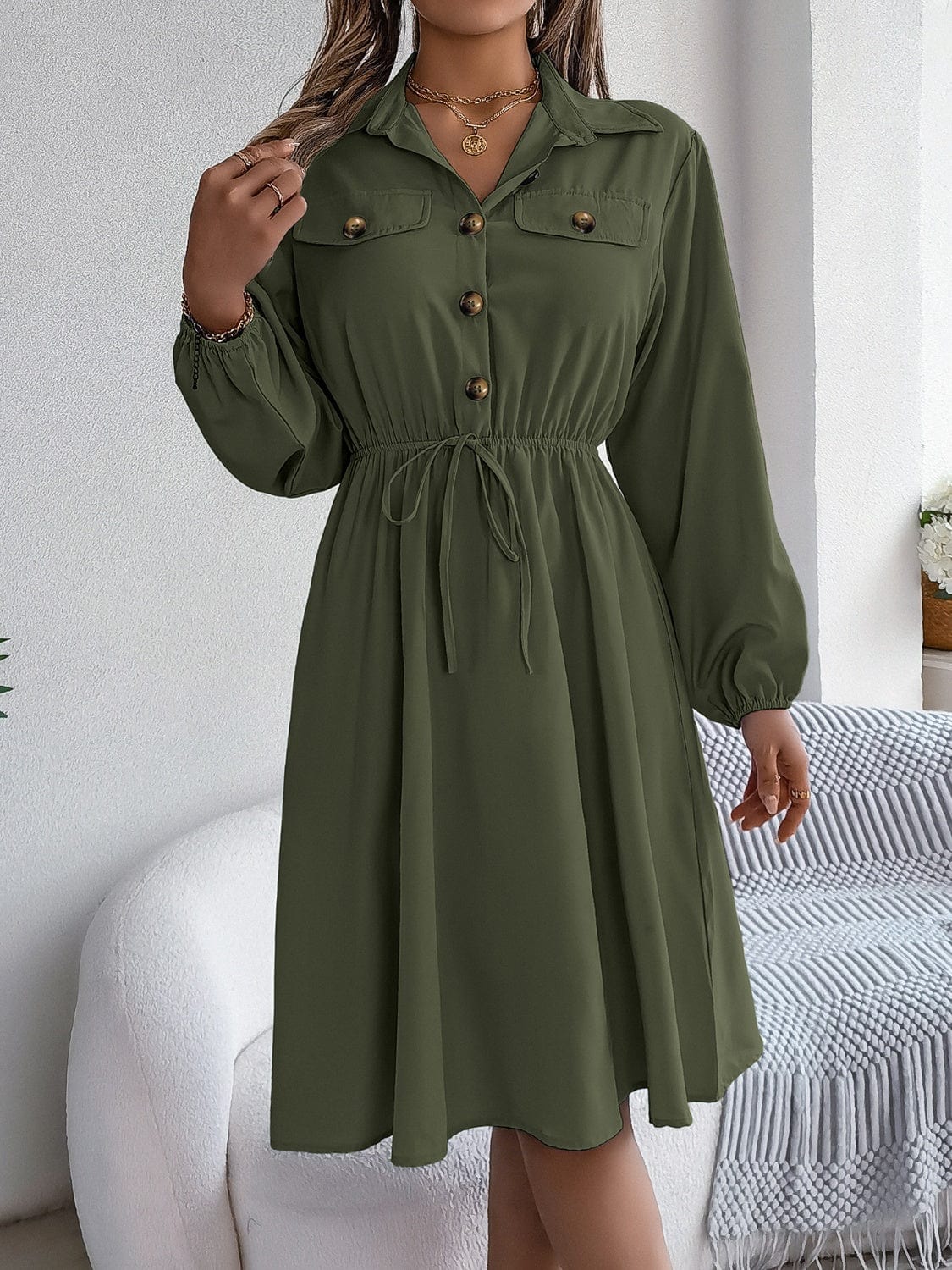 Collared Neck Long Sleeve Dress with Pockets - Trendsi