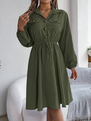 Collared Neck Long Sleeve Dress with Pockets - Trendsi