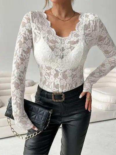 Lace V-Neck Long Sleeve Top - Trendsi - Flyclothing LLC