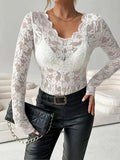 Lace V-Neck Long Sleeve Top - Trendsi