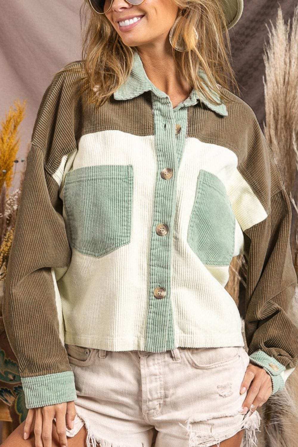 Pocketed Color Block Collared Neck Jacket - Trendsi - Flyclothing LLC