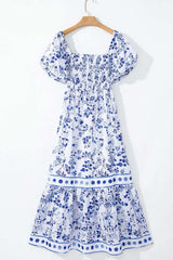 Smocked Printed Square Neck Puff Sleeve Dress - Trendsi - Flyclothing LLC