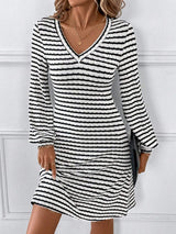 Striped V-Neck Long Sleeve Dress - Trendsi - Flyclothing LLC
