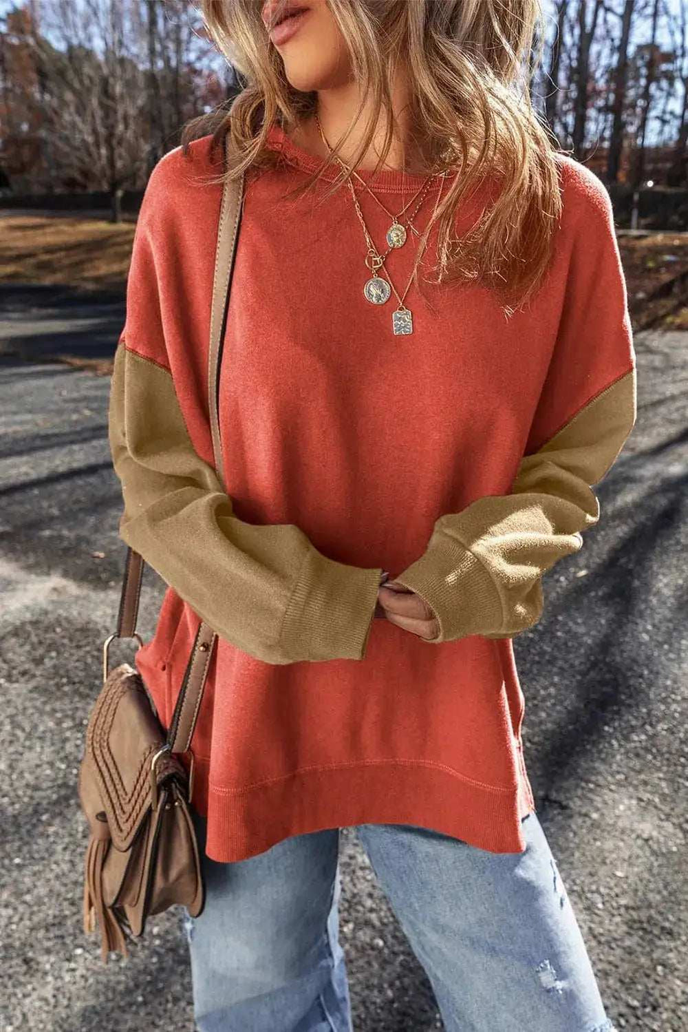 Contrast Round Neck Long Sleeve Sweatshirt - Trendsi - Flyclothing LLC