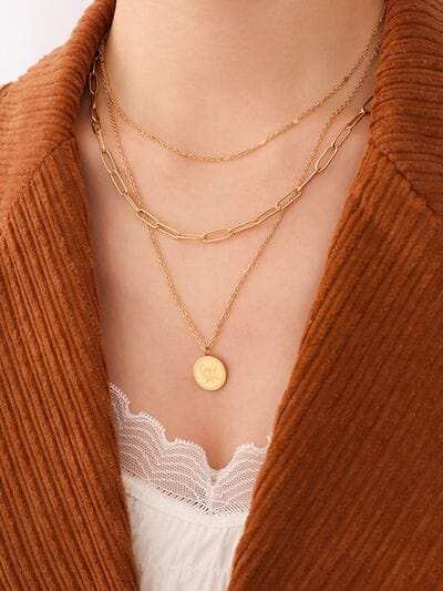 18K Gold-Plated Three-Layered Engraved Necklace - Trendsi - Flyclothing LLC