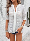 Eyelet Notched Flounce Sleeve Blouse - Trendsi