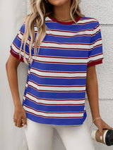 Contrast Striped Round Neck Short Sleeve T-Shirt - Trendsi - Flyclothing LLC