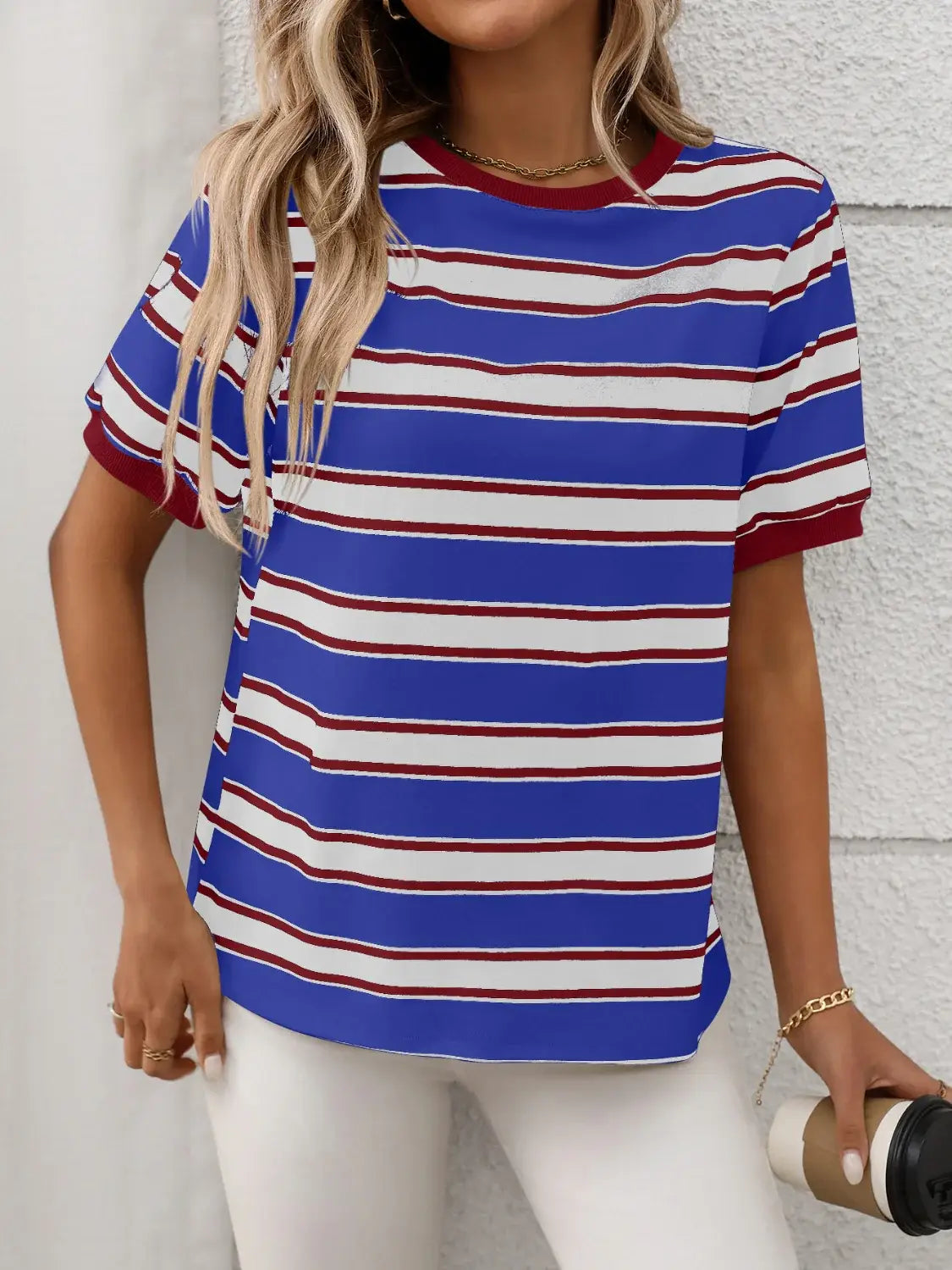 Contrast Striped Round Neck Short Sleeve T-Shirt - Trendsi - Flyclothing LLC