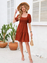 Swiss Dot Smocked Square Neck Dress - Trendsi - Flyclothing LLC