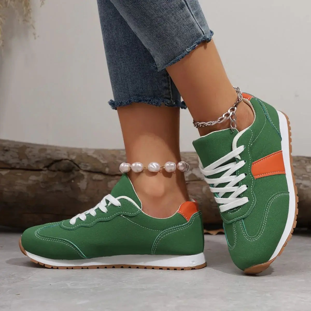 PU Leather Contrast Round Toe Flats Sneakers - Trendsi - Flyclothing LLC
