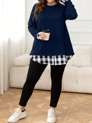 Plus Size Plaid Hem Round Neck Long Sleeve Sweatshirt - Trendsi