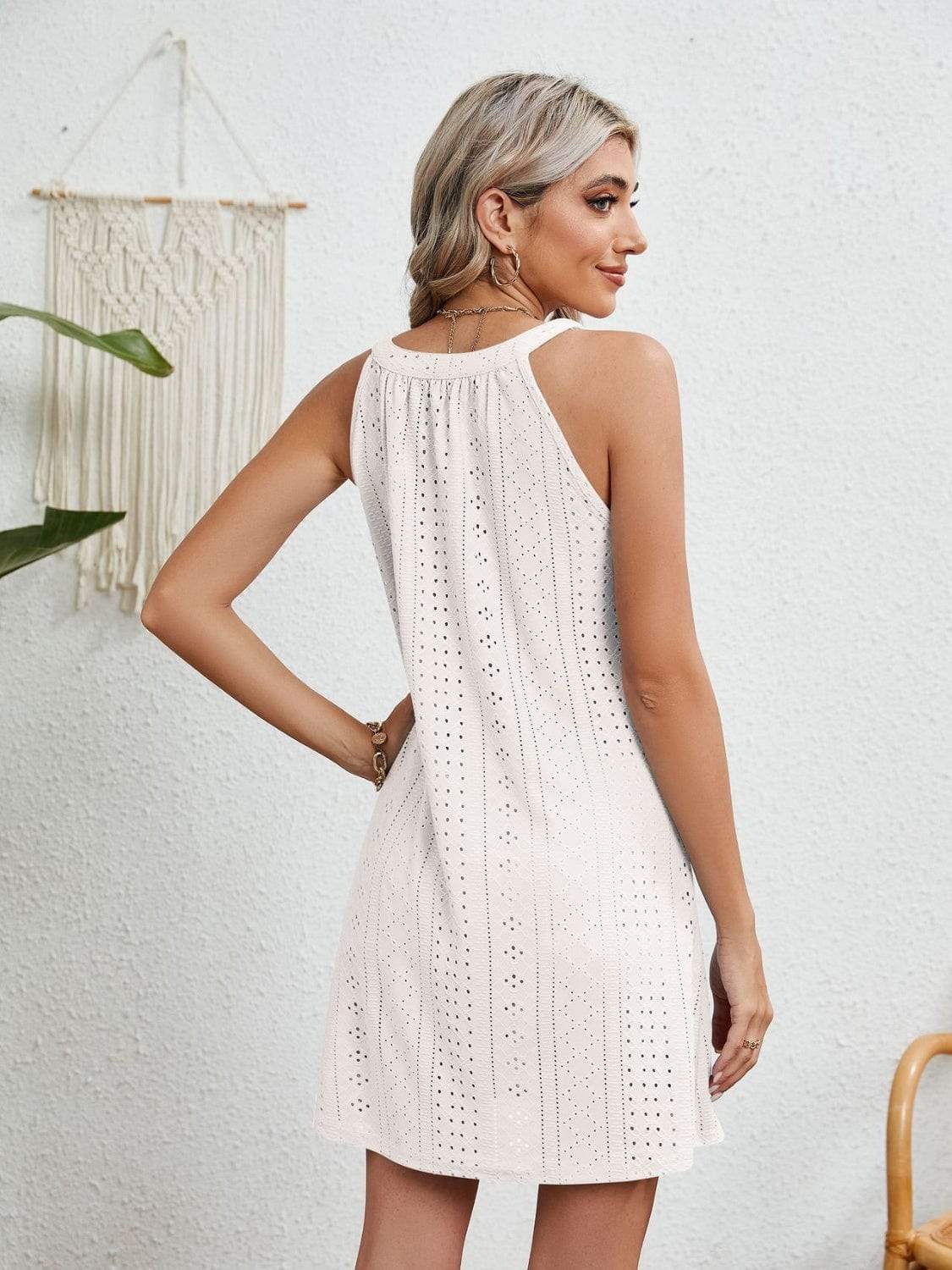 Eyelet Grecian Neck Mini Dress - Trendsi - Flyclothing LLC