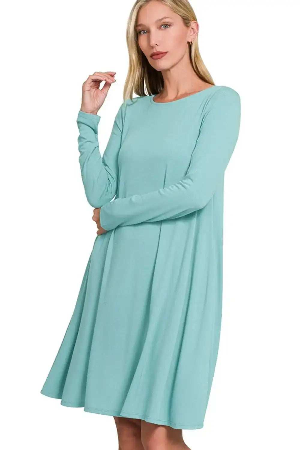 Zenana Long Sleeve Flare Dress With Pockets - Trendsi - Flyclothing LLC