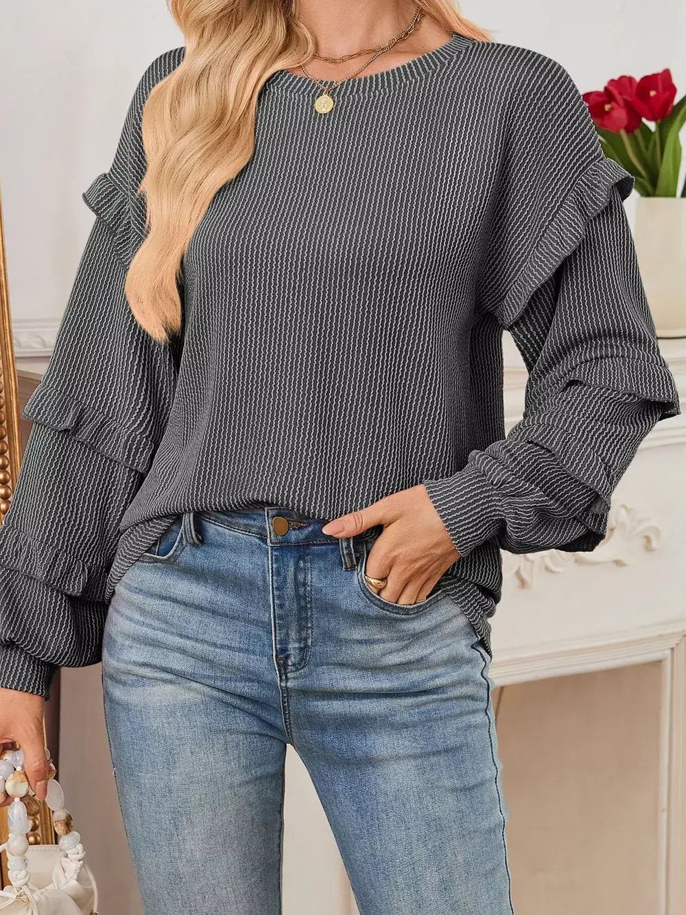 Round Neck Ruffled Long Sleeve Sweatshirt - Trendsi - Flyclothing LLC
