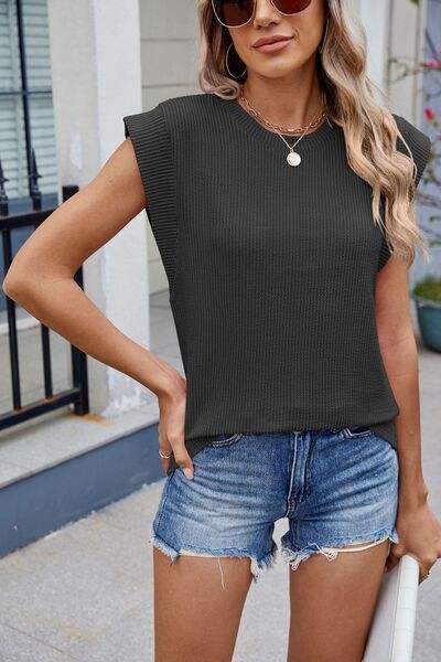 Corded Rib Round Neck T-Shirt - Trendsi - Flyclothing LLC