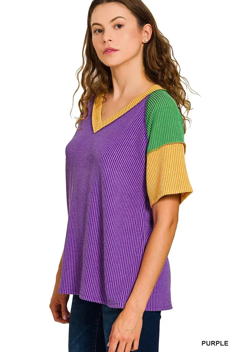 Zenana Mardi Gras Raised Rib Color Block Top - Trendsi - Flyclothing LLC