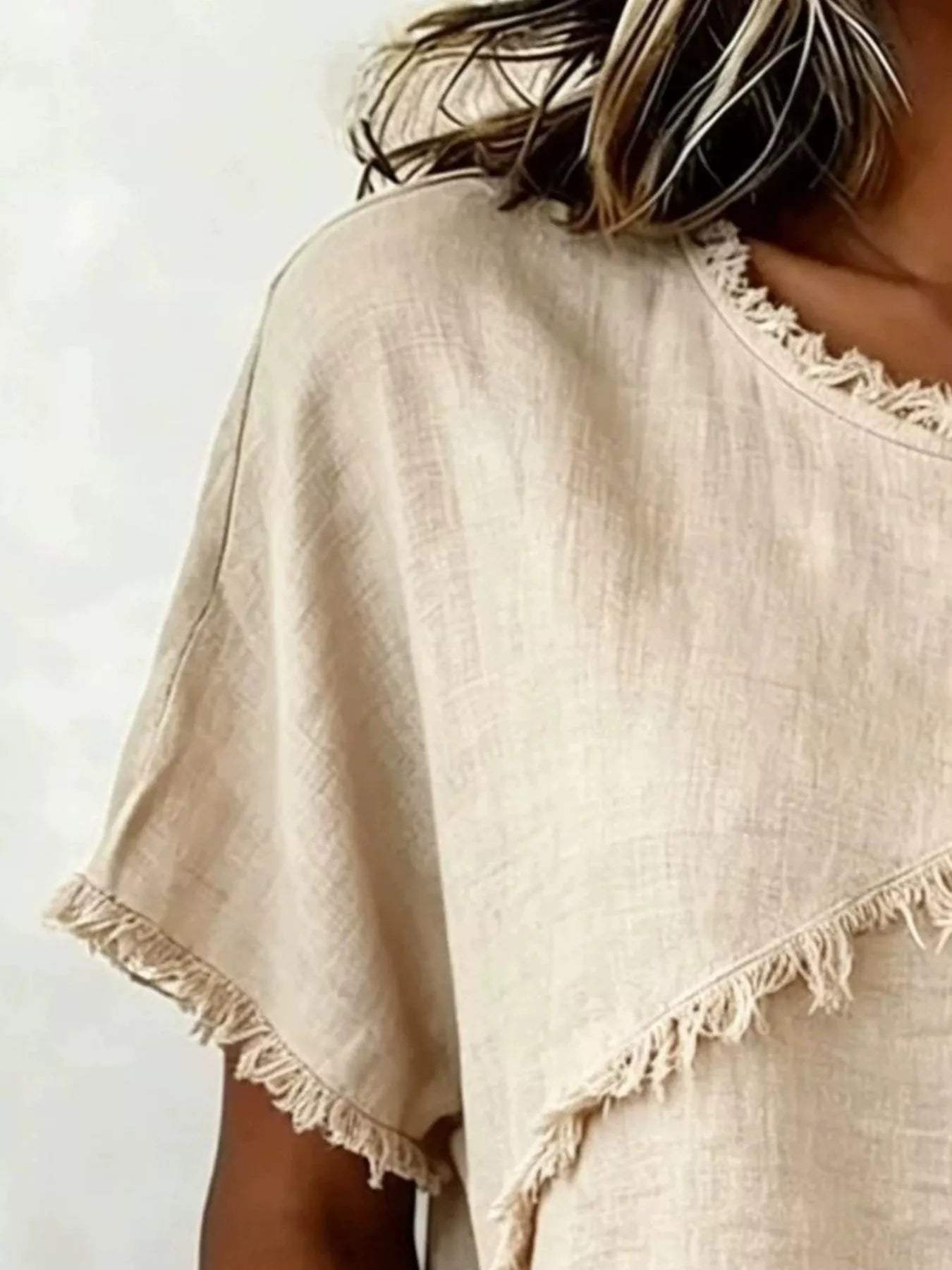 Full Size Frayed Hem Short Sleeve Top Plus Size - Trendsi - Flyclothing LLC