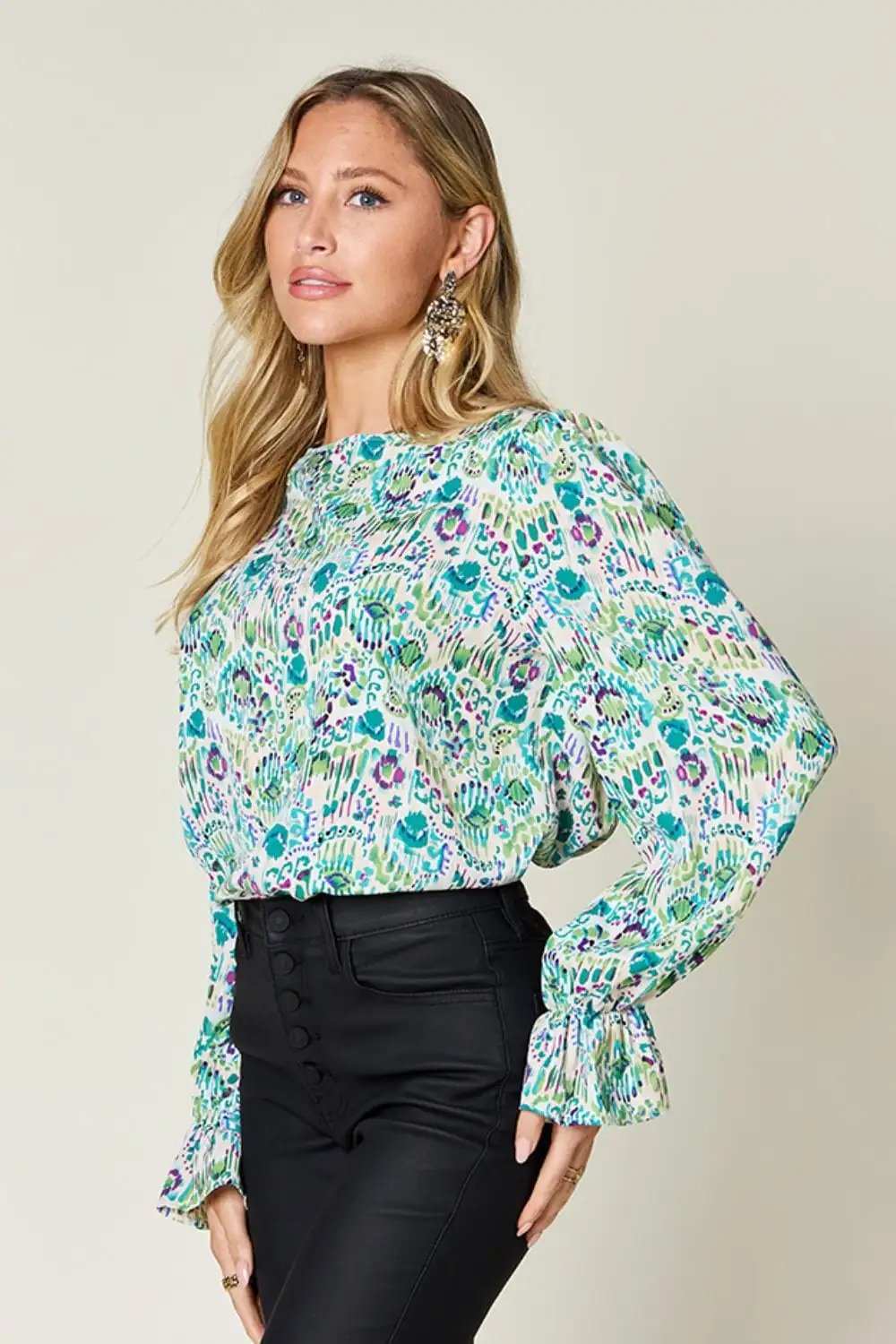 Double Take Full Size Printed Flounce Sleeve Blouse - Trendsi - Flyclothing LLC